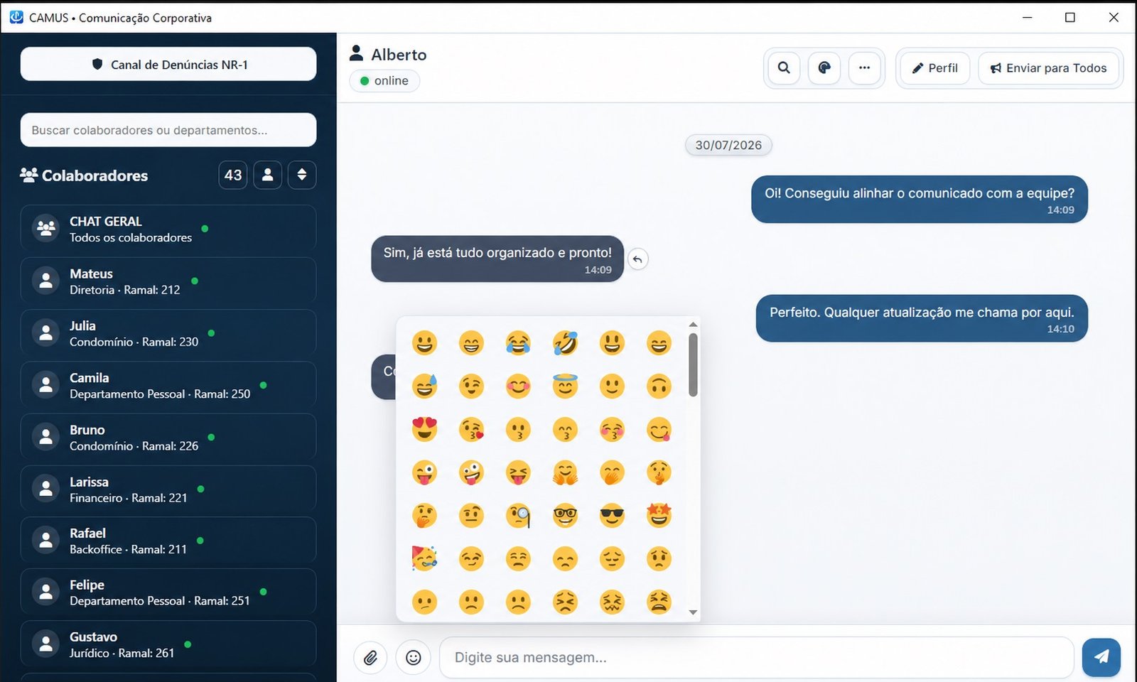 Tela do CAMUS com seletor de emojis aberto.