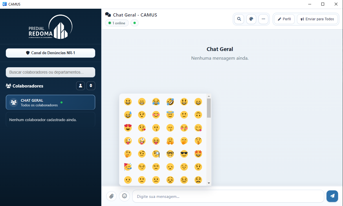 Tela do CAMUS com seletor de emojis aberto.